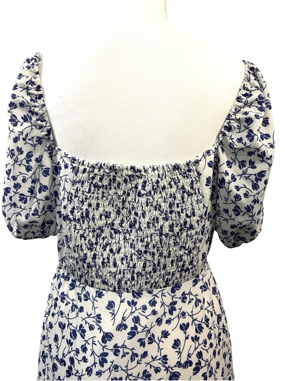Commense Blue Square Neck Puff Sleeve Floral Cloud Midi A-Line Dress Size Large - Picture 5 of 8